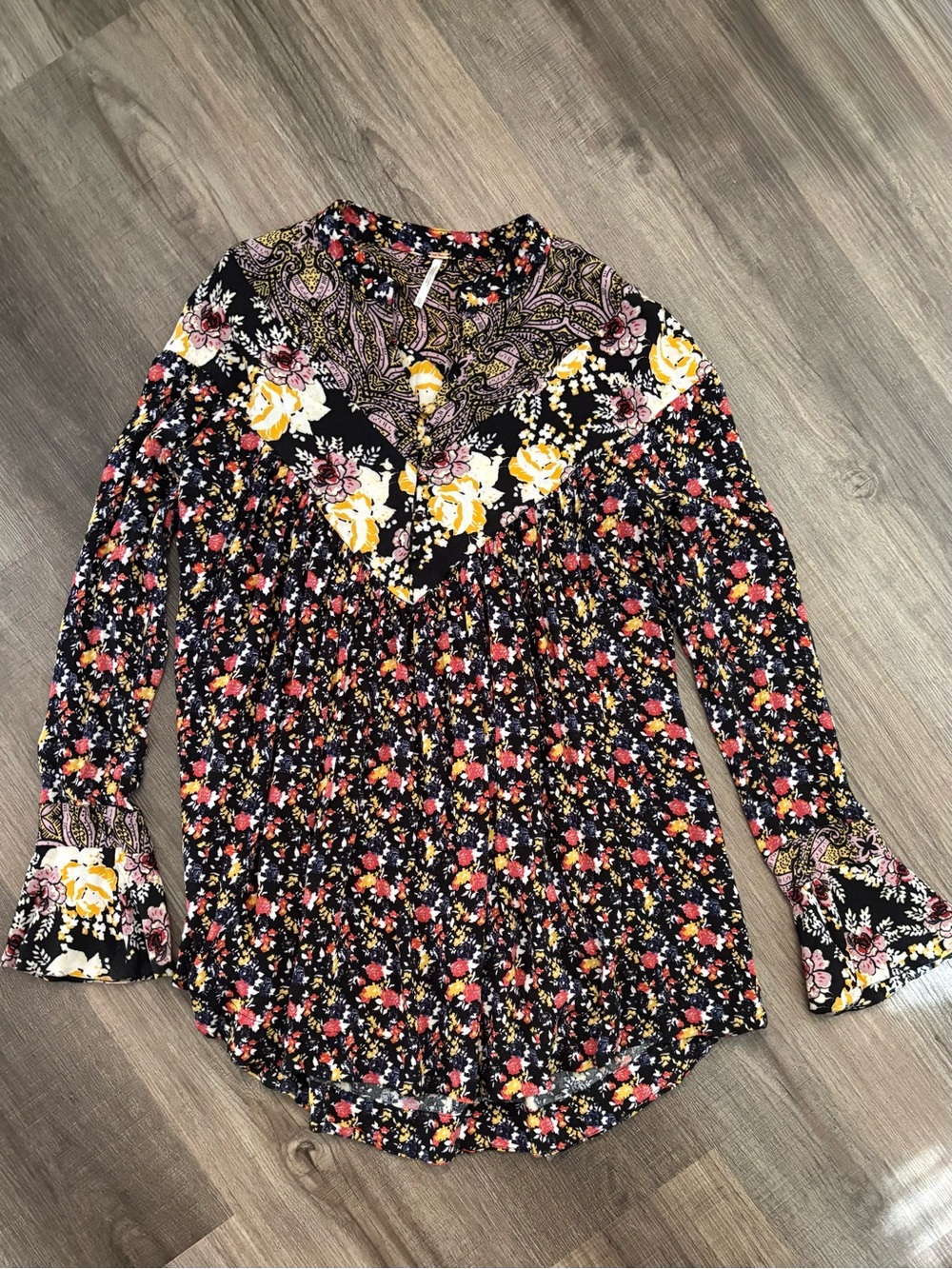 Free People Mixed Floral Long Sleeve Tunic - Black with Yellow & Pink Accents